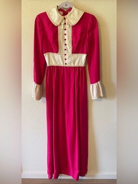 Vintage Lorrie Deb Fuchsia Maxi Dress with Ivory Trim and Bell Sleeves